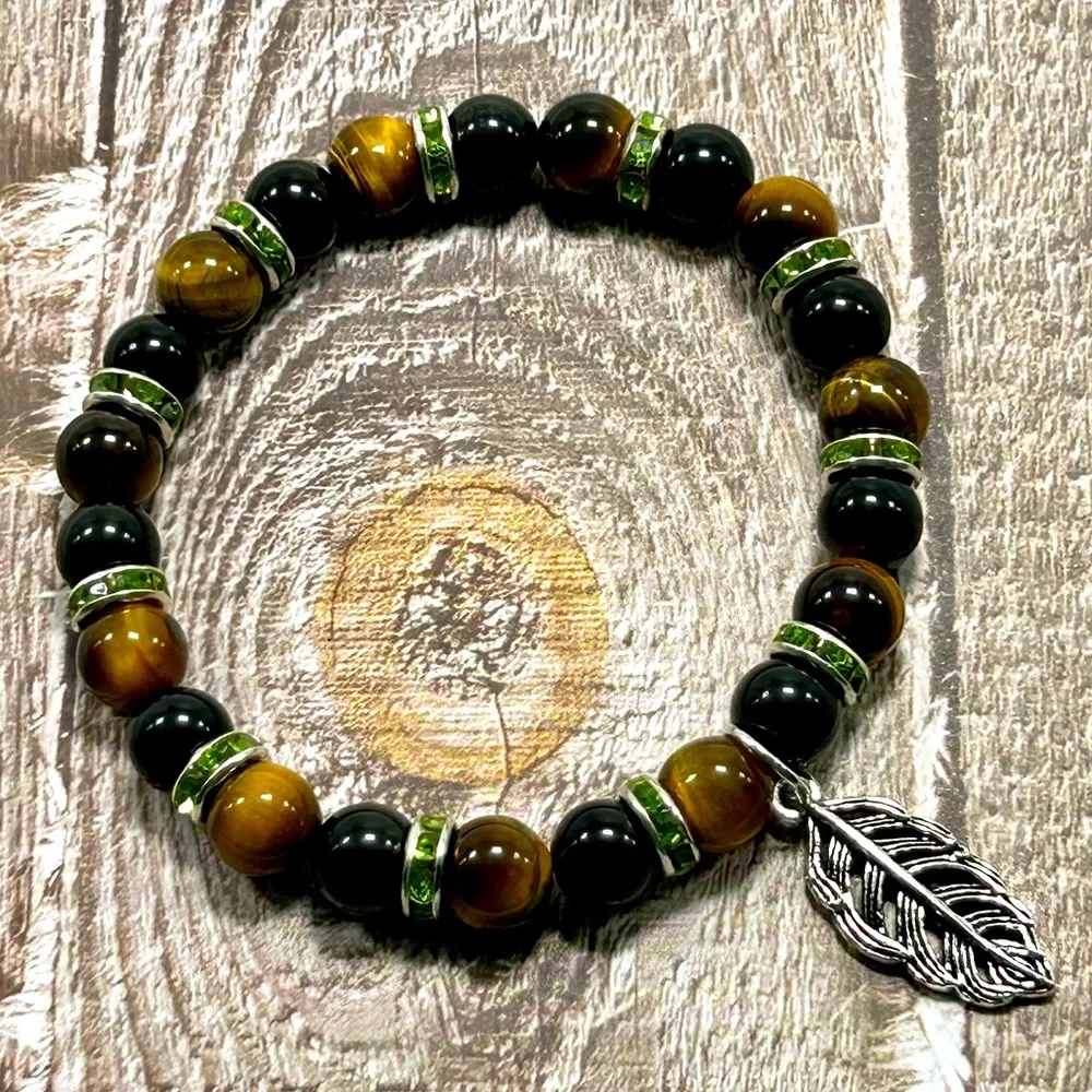 Handmade Feather Charm Bracelet with Natural Tiger Eye Stones! - Picture 2 of 8